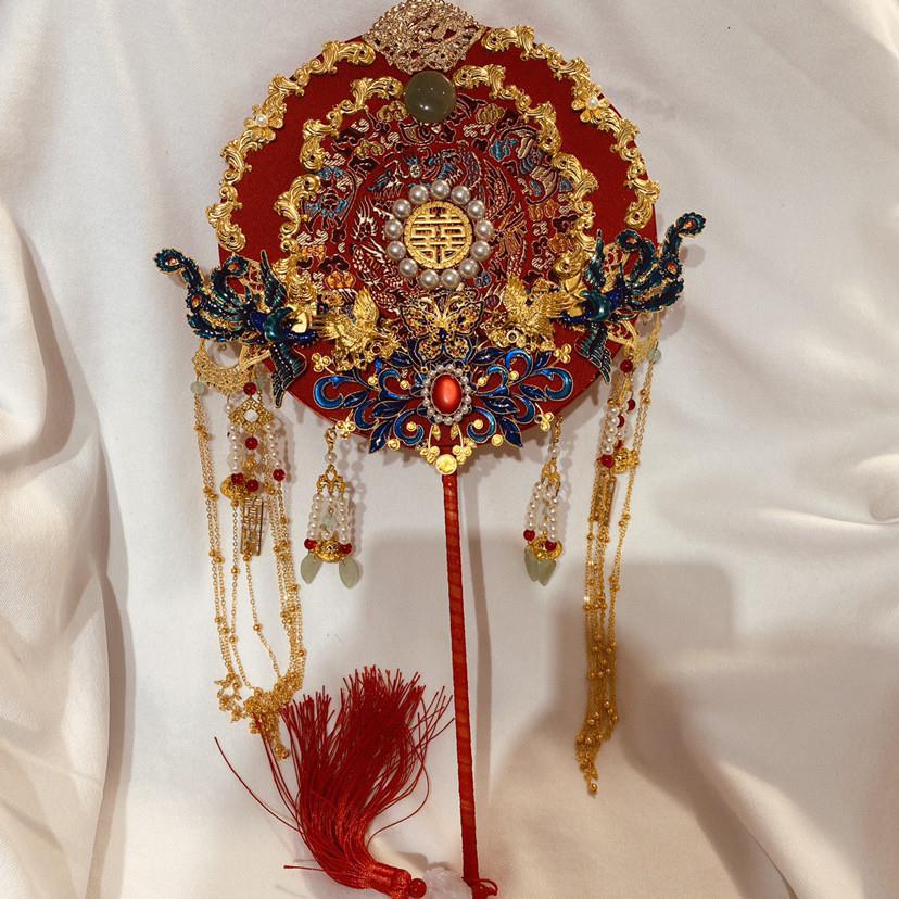 新娘手捧中式婚秀禾服团双面中国风古典工艺扇扇中国团扇扇手工
