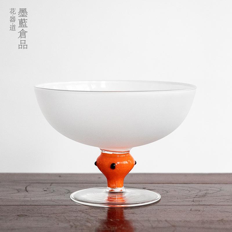 磨砂玻璃透明果盘花器日式花道插花器皿花盘高脚小原流盛花花器