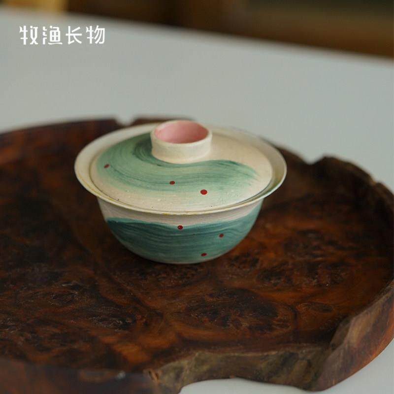 牧渔小乔盖碗手工化妆土粗陶复古悬停茶杯景德镇陶瓷功夫茶具茶碗