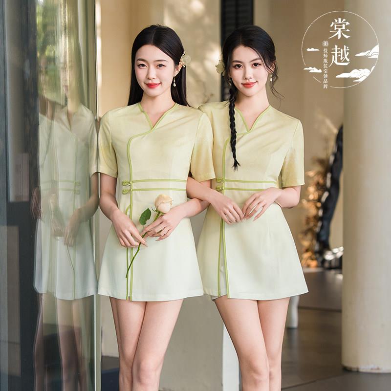 棠越春季新款足疗店短袖足浴工作服女高端养生会所技师服修身套装