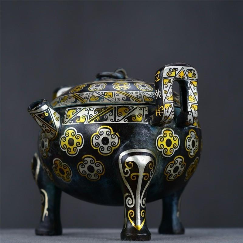 战国错金银团花流鼎博物馆古玩制作青铜器摆件古玩收藏铜器摆件