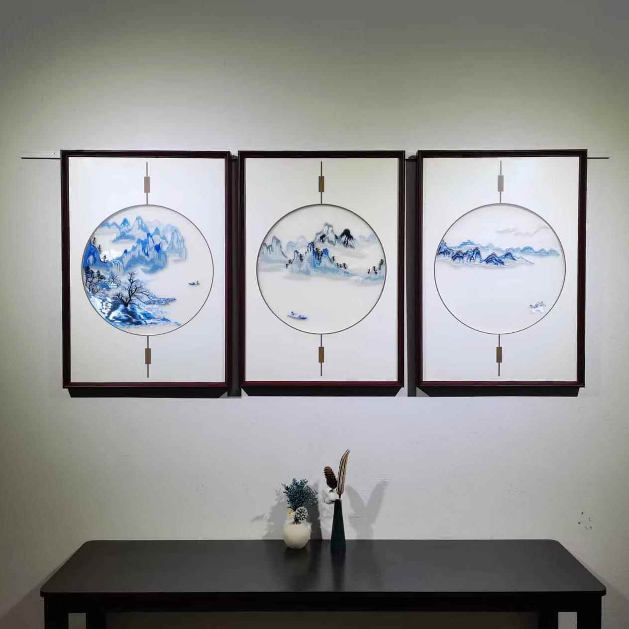 成绣品挂绣画透明丝娟刺新中式苏客厅三联经PVX典款苏绣装饰画