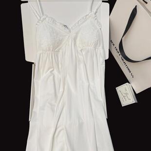 带胸垫法式公主风吊带短款纯棉睡裙女夏纯白色小个子蕾丝绣花睡衣