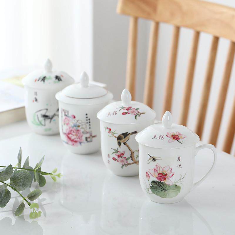 71tx水杯盖耐办公室】会议梅兰竹菊【装个4茶杯陶瓷杯带家用套装