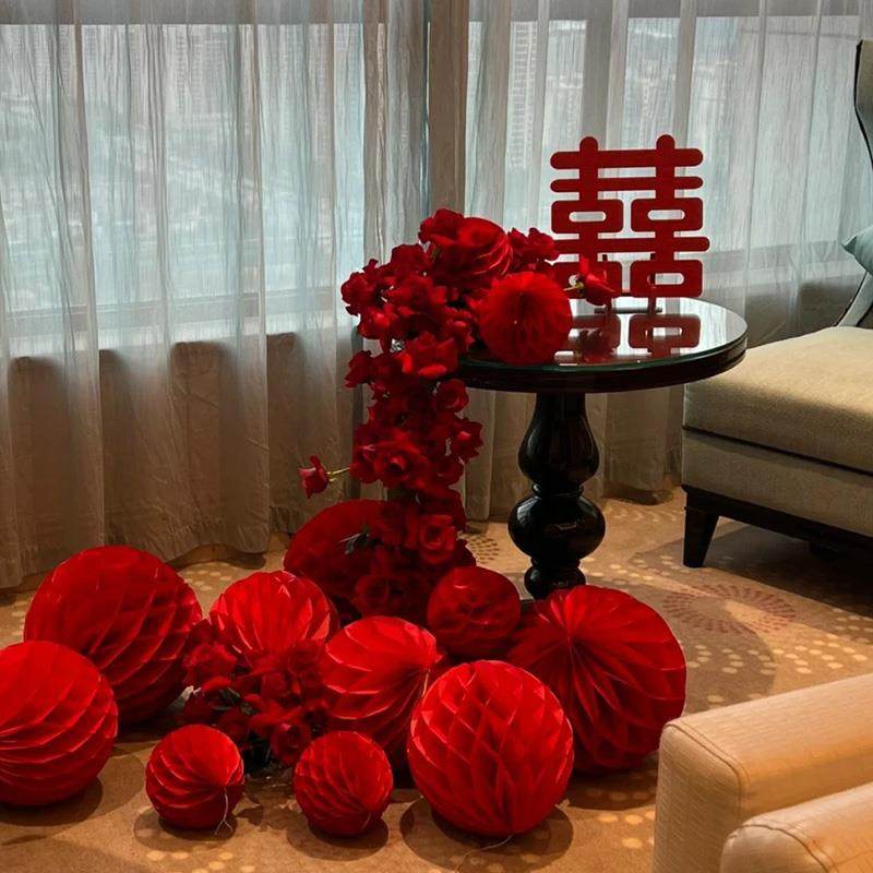 红色蜂窝球喜字灯笼婚房布置套装酒店客厅结婚装饰婚礼男方女方
