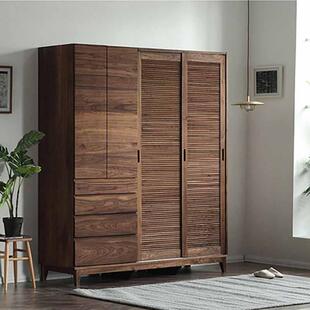 日式全实木衣橱橡木樱桃木推拉滑移门百叶门格栅门黑胡桃木衣柜