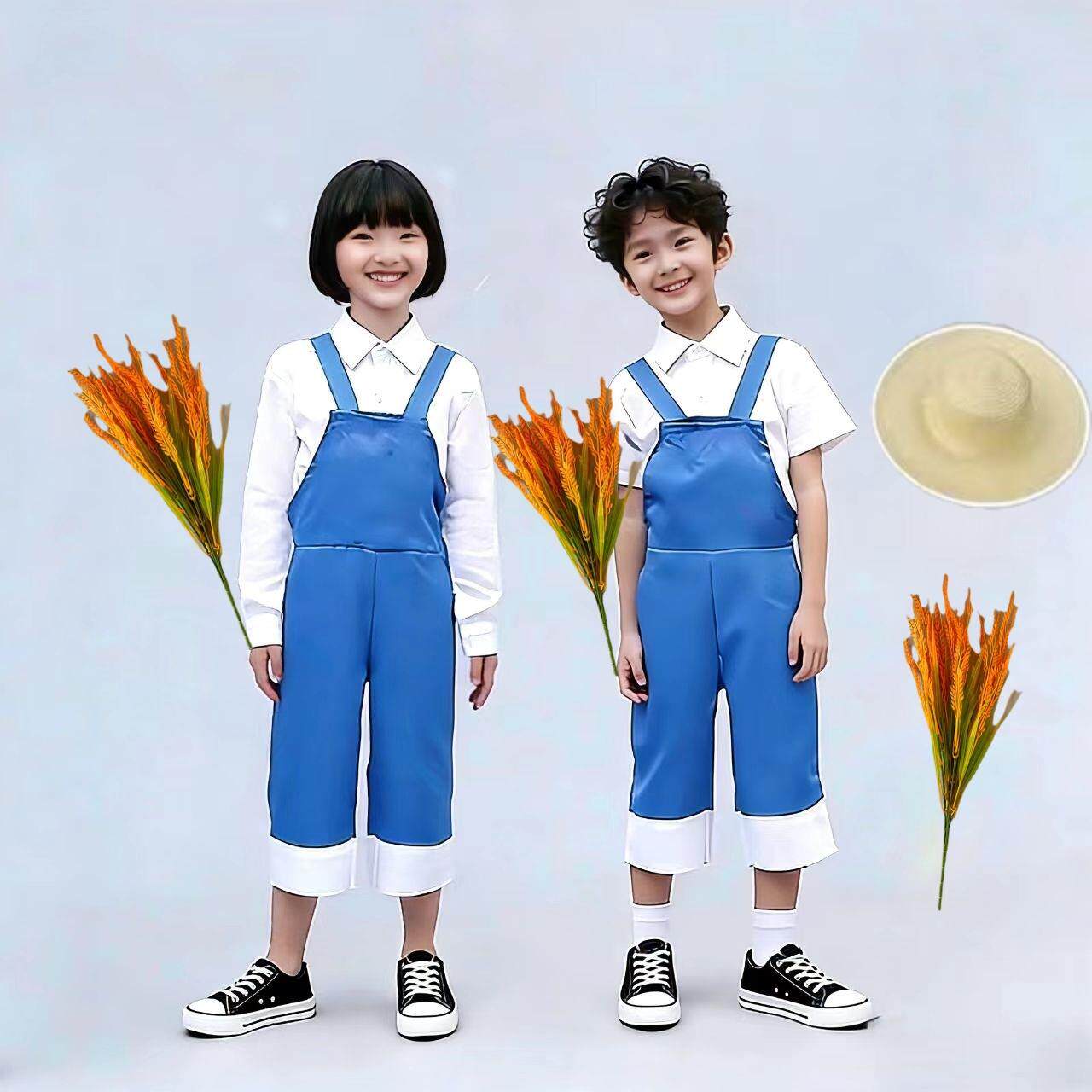 稻田里的中国演出服禾下乘凉梦儿童舞蹈服草帽子稻穗背带裤表演服