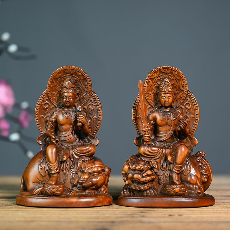 黄杨木仿古文殊菩萨普贤菩萨家用佛像摆件寺庙佛堂居家供奉工艺品