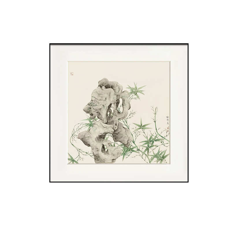 新中式正方形玄关客厅装饰画酒店餐厅茶室挂画太湖石竹子禅意壁画图片