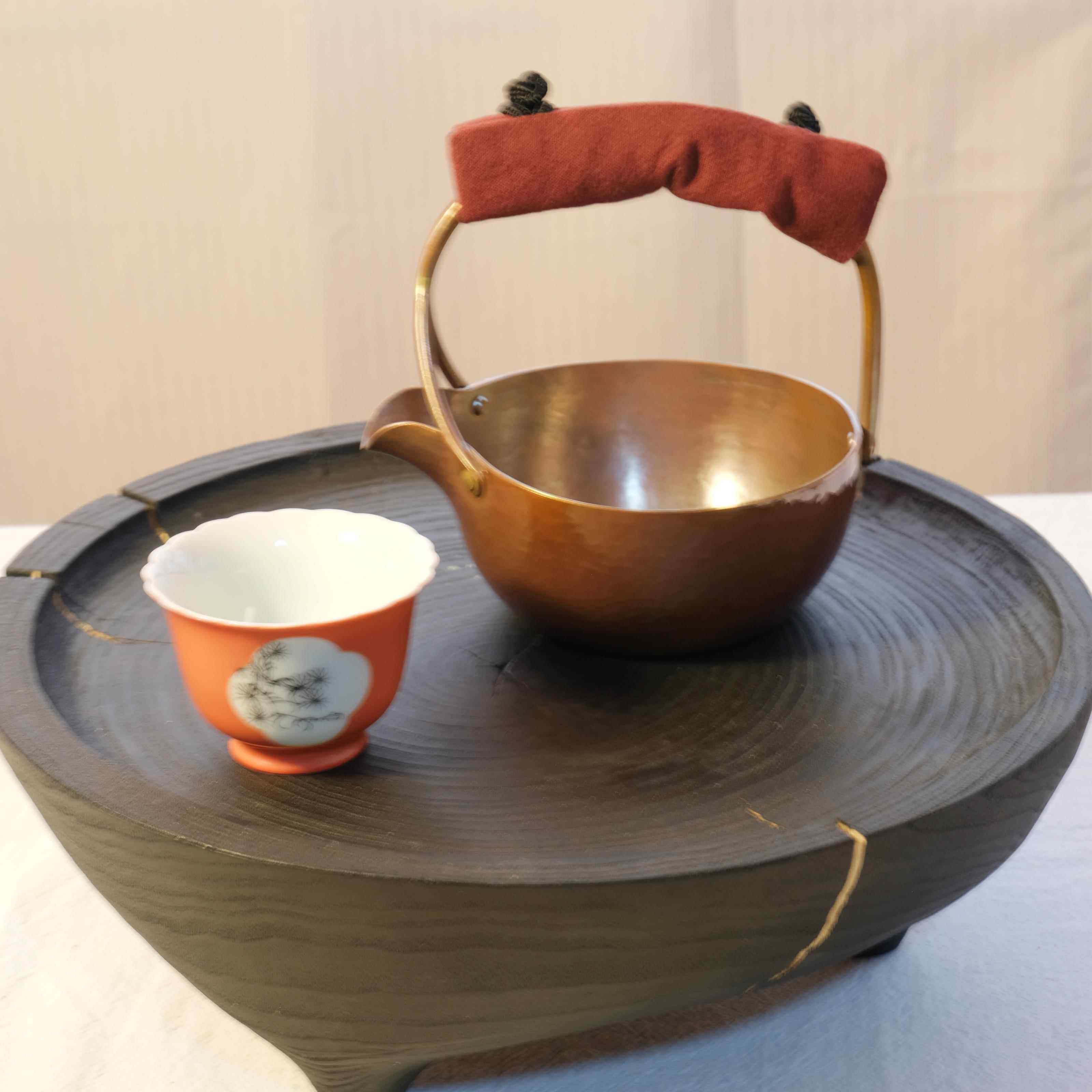 日式提篮公道杯 纯手工紫铜锤目纹小巧可爱分茶器220ml茶道摆件