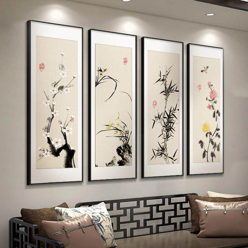 梅兰竹菊新中式中堂客厅沙发背景墙装饰画 画茶室挂画 画饭店四条