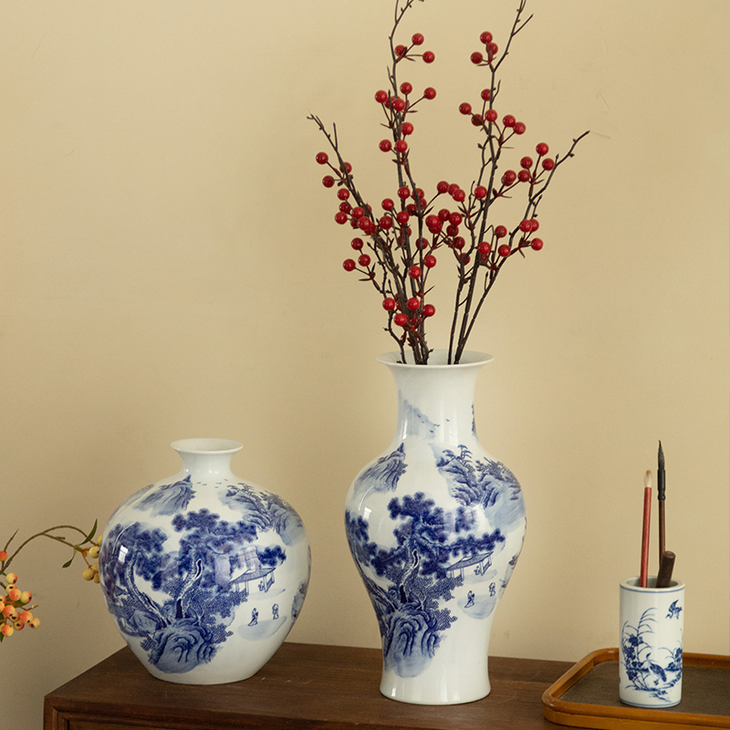 青花瓷摆件花瓶景德镇装饰品家居仿古陶瓷客厅山水陶瓷器中式插花