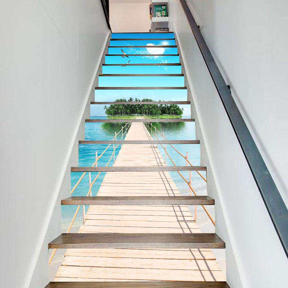 跨境亚马逊货源13片装湖心岛图案楼梯贴即剥即离墙贴楼梯家居装饰