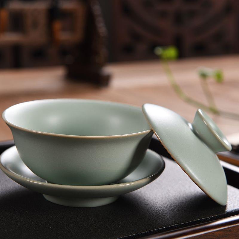天青汝窑覆古盖碗家用开片可养汝瓷茶碗茶盅三才碗泡茶杯功夫茶具
