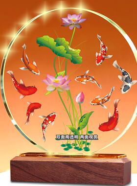 荷花鲤鱼图水晶摆饰装饰画 画招财年年有余 余九鱼图新中式锦鲤桌