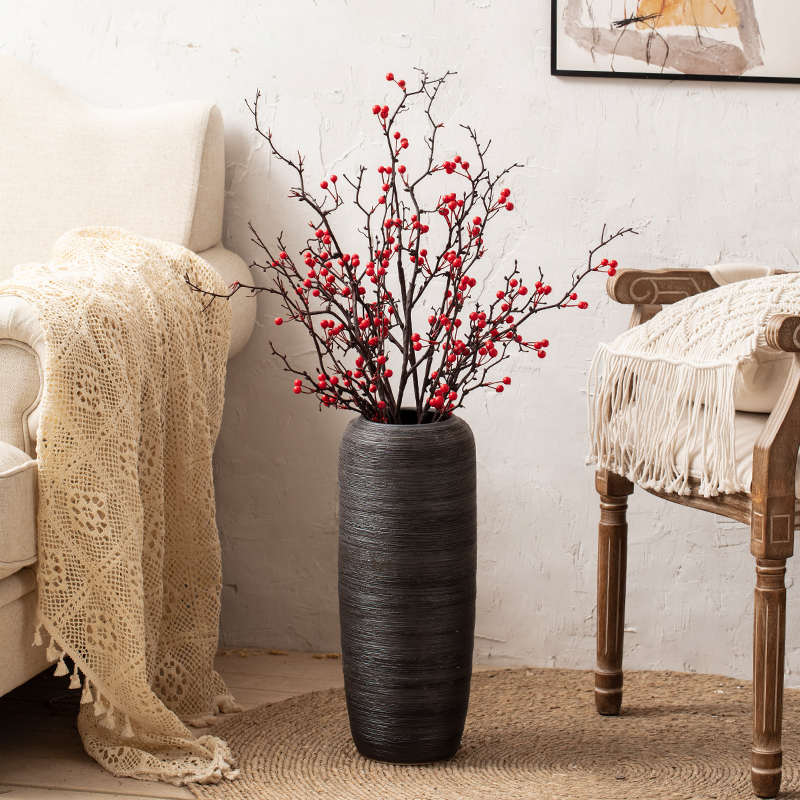 陶瓷花器现代简约北欧插花装饰摆件景德镇粗陶罐黑色落地大花瓶