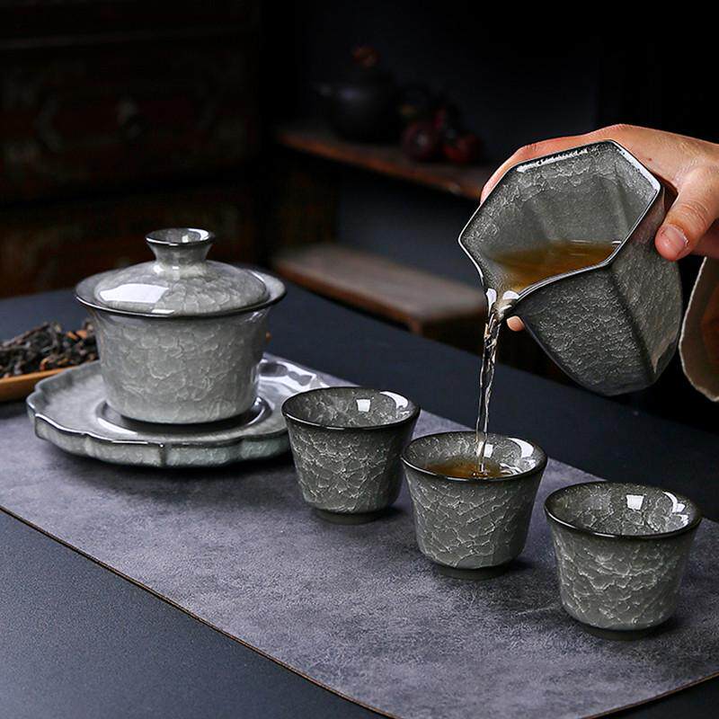 黑冰开片三才盖碗陶瓷功夫茶具套装家用高档冰花泡茶碗茶杯公道杯