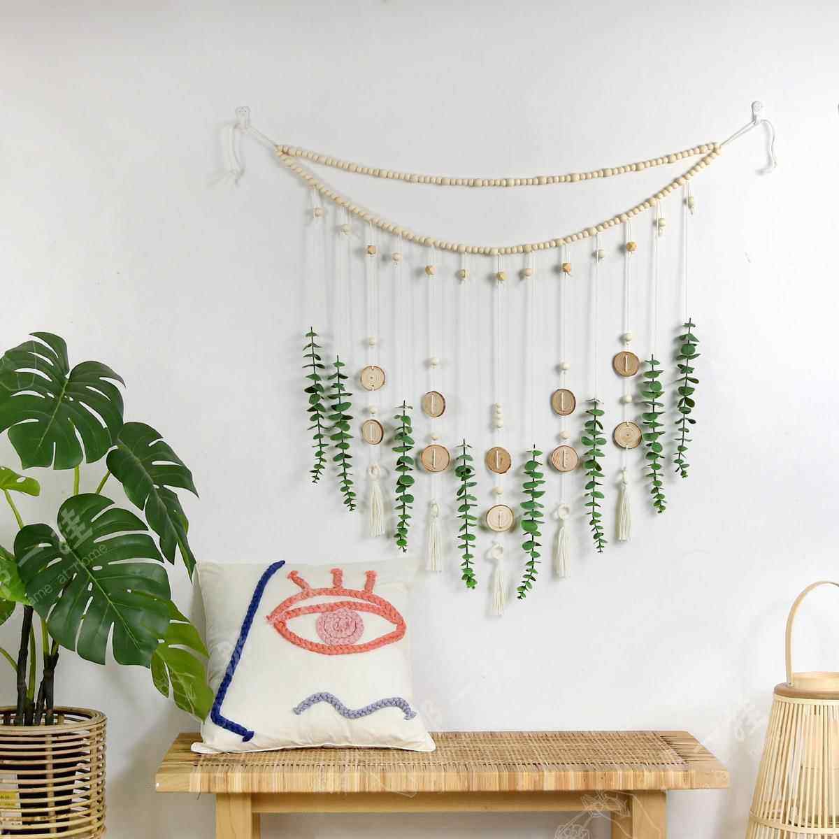 新款壁饰挂件 房间装饰沙发背景尤加利树叶装饰壁挂手工编织挂毯