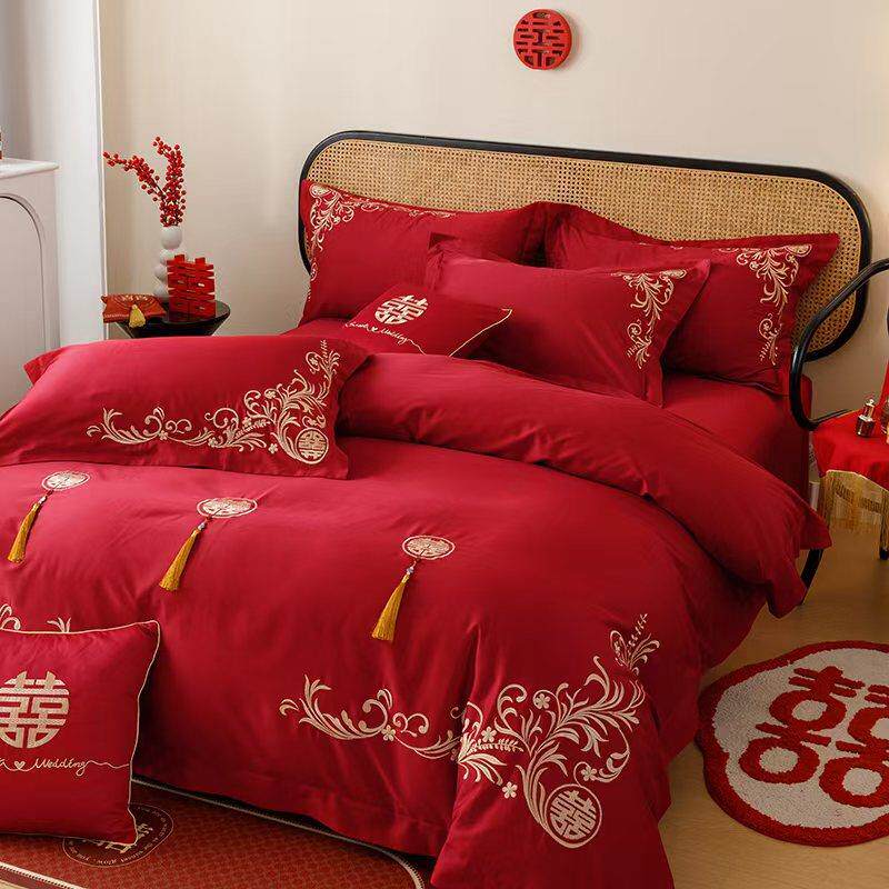 婚庆纯棉100s长绒棉四件套大红色刺绣被套全棉1.8m结婚床上用