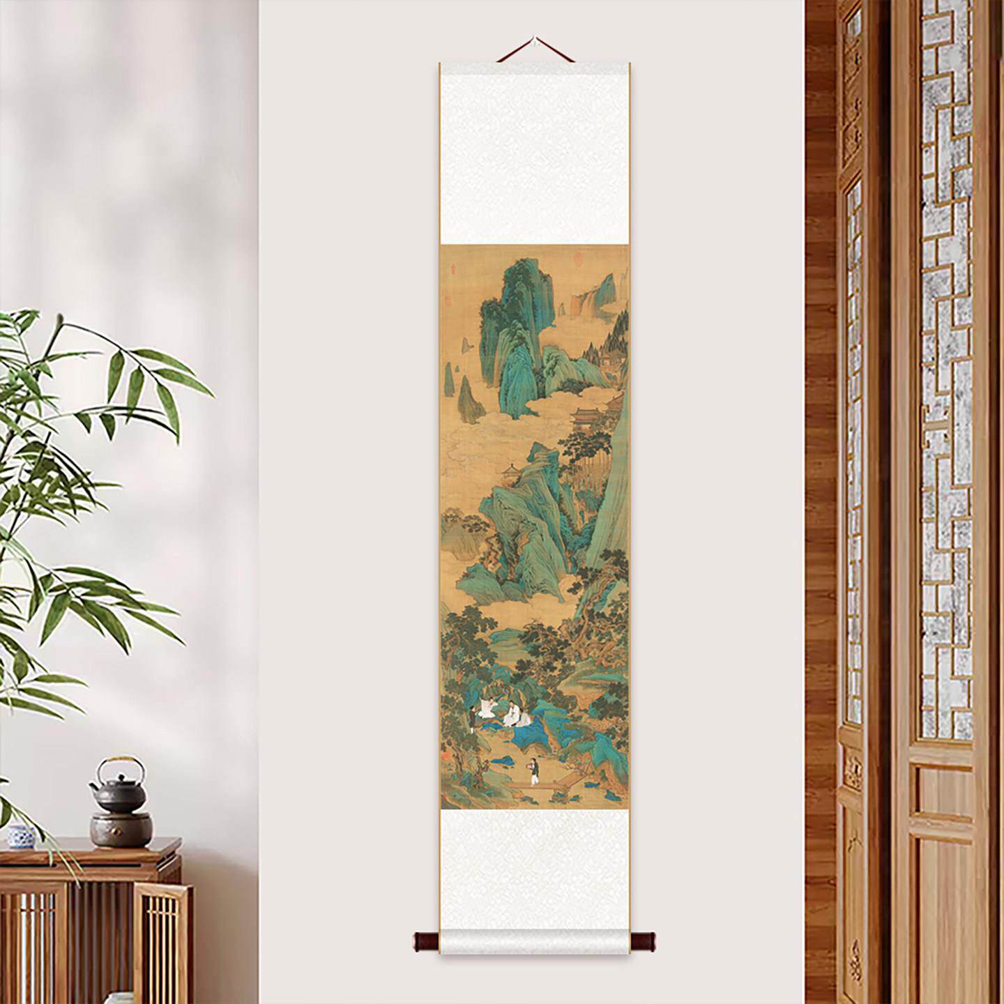 中式国画桃源仙境图挂轴装饰画 品茶听琴图古风国画挂画丝绸绢布