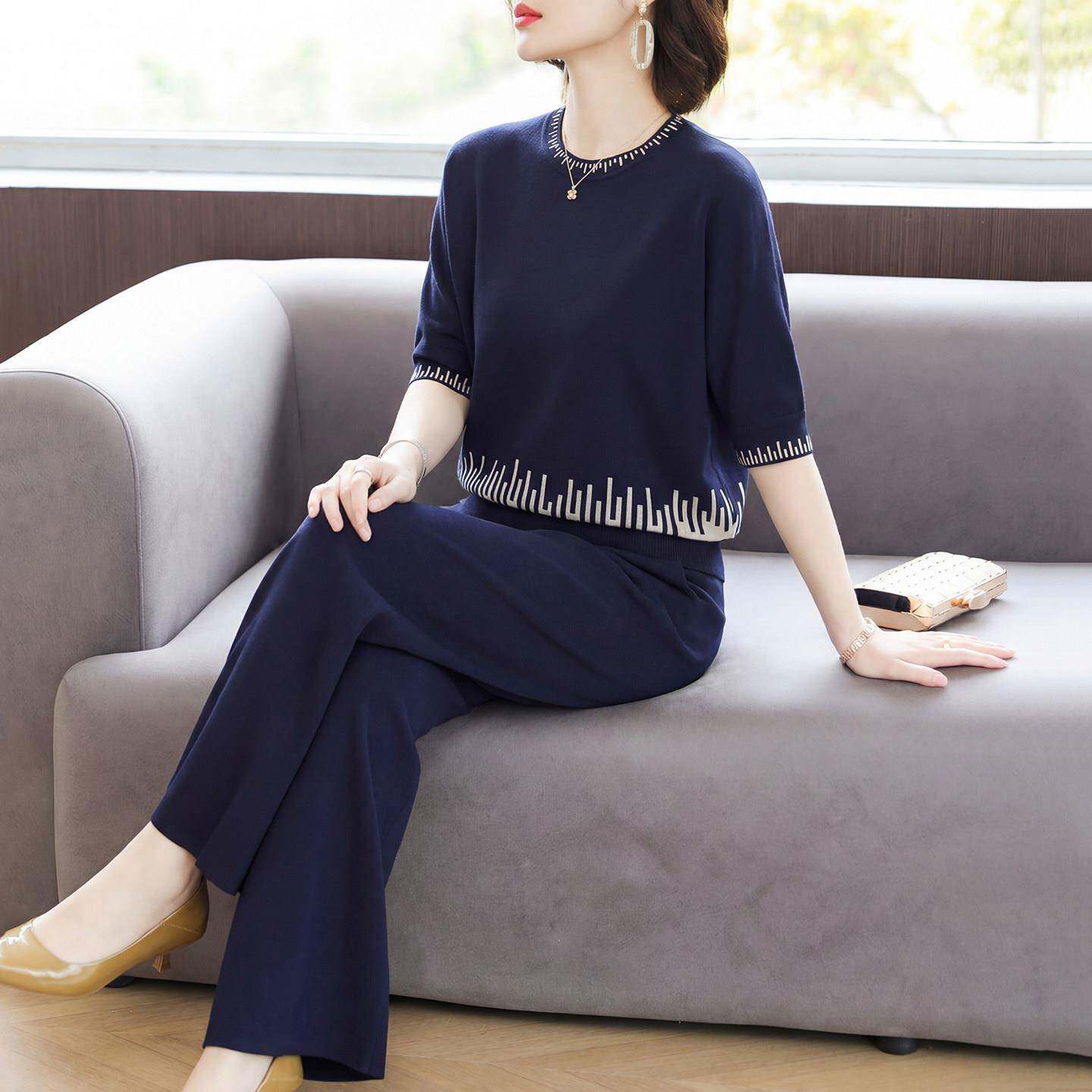洋派妈妈夏装真丝套装2026新款中老年女装薄款针织短袖小衫两件套