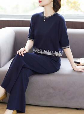 洋派妈妈夏装真丝套装2026新款中老年女装薄款针织短袖小衫两件套
