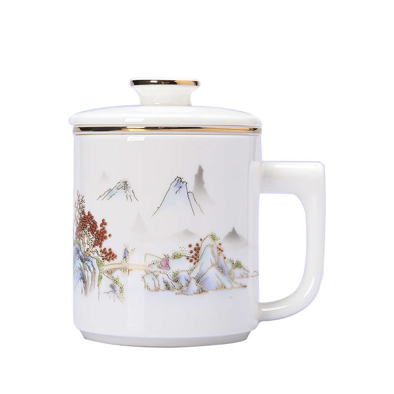 隔热logo描金过滤茶杯带马克盖杯办公羊脂玉礼品水杯三件套个人
