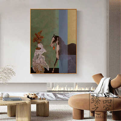 马到成功新中式客厅装饰画侘寂风油画餐厅样板房茶室砂岩肌理挂画