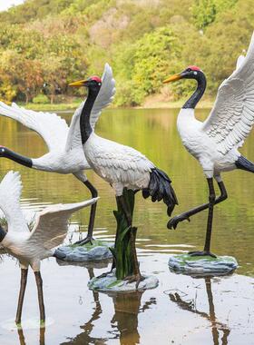户外彷真仙鹤玻璃钢摆件假山水池鱼池造景丹顶鹤雕塑装饰花园庭院