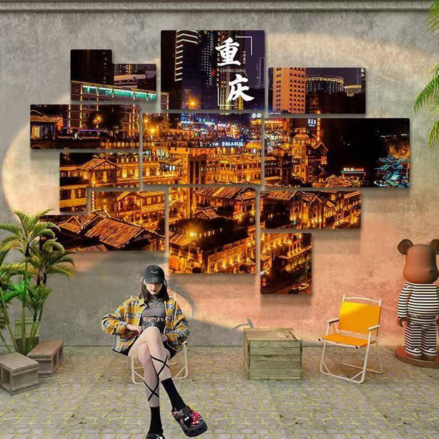 网红打卡背景墙拍照区布置火锅店墙面装饰创意文化贴画餐饮店贴画