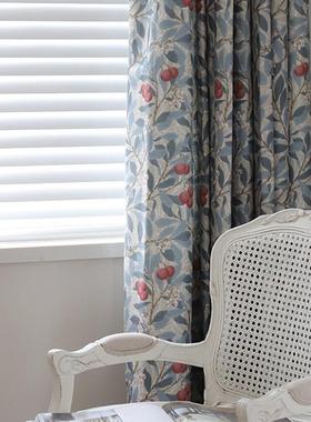 杨梅红窗美式复印花窗帘蓝古色QWI植物花棉麻落地窗客卉厅卧室成