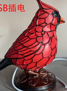 Cardinal Stained Glass Lamp树脂红鸟灯用于家庭办公室圣诞装饰