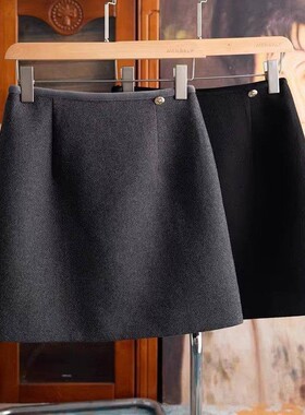 韩国秋冬深灰色加厚羊毛呢短裙高腰A字裙百搭半身裙女毛呢有内衬