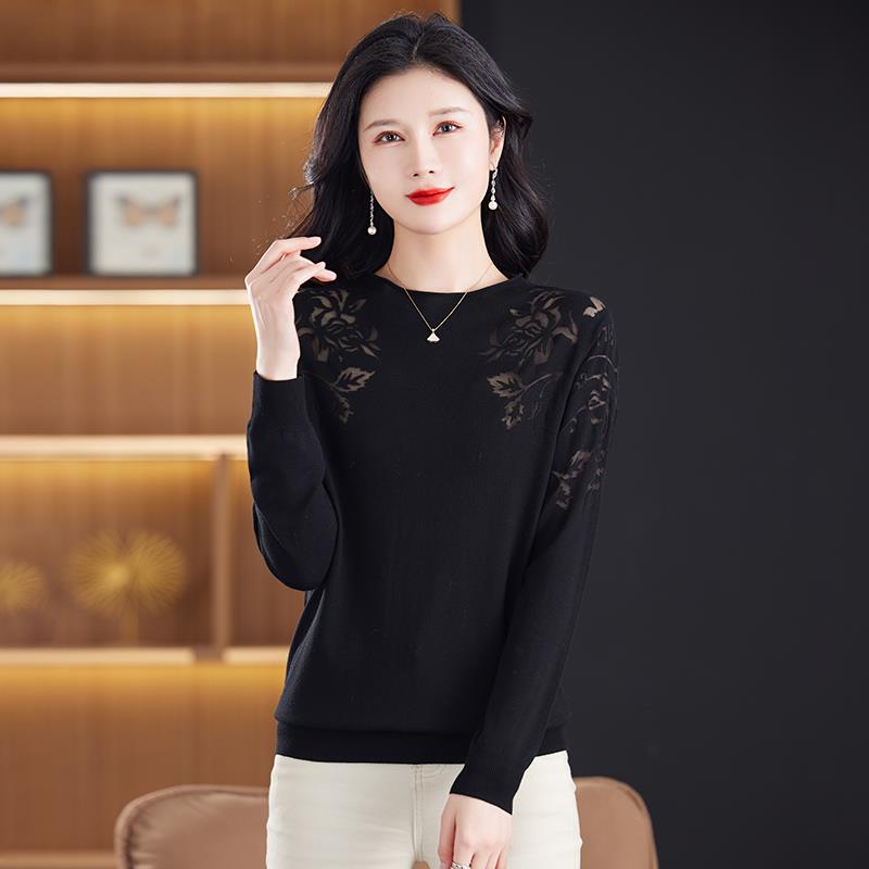 中年妈妈长袖小衫黑色打底衫女春秋新款洋气高级感薄款针织衫上衣