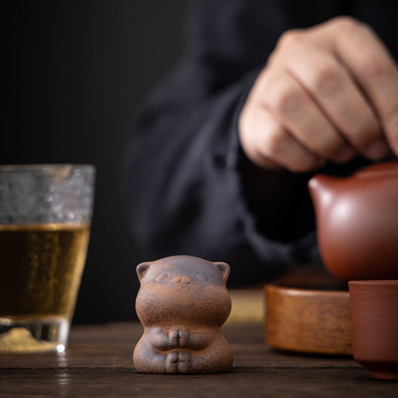 老岩泥可爱猫神龟元宝茶宠摆件茶桌装饰复古小摆件陶瓷茶道盖置