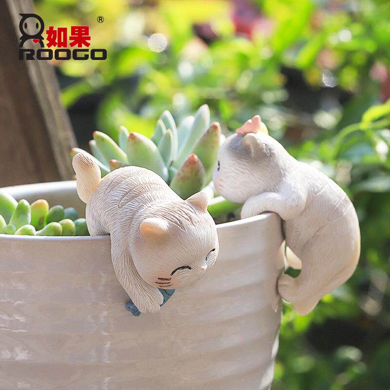 如果庭院花园艺盆景摆件装饰创意卡通小动物鱼缸造景猫咪挂盆爬缸