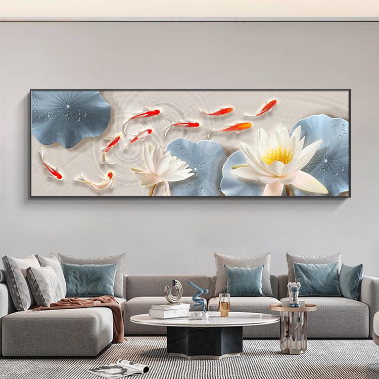 九鱼图客厅装饰画简约现代沙发背景墙高档挂画荷花横幅壁画寓意好图片