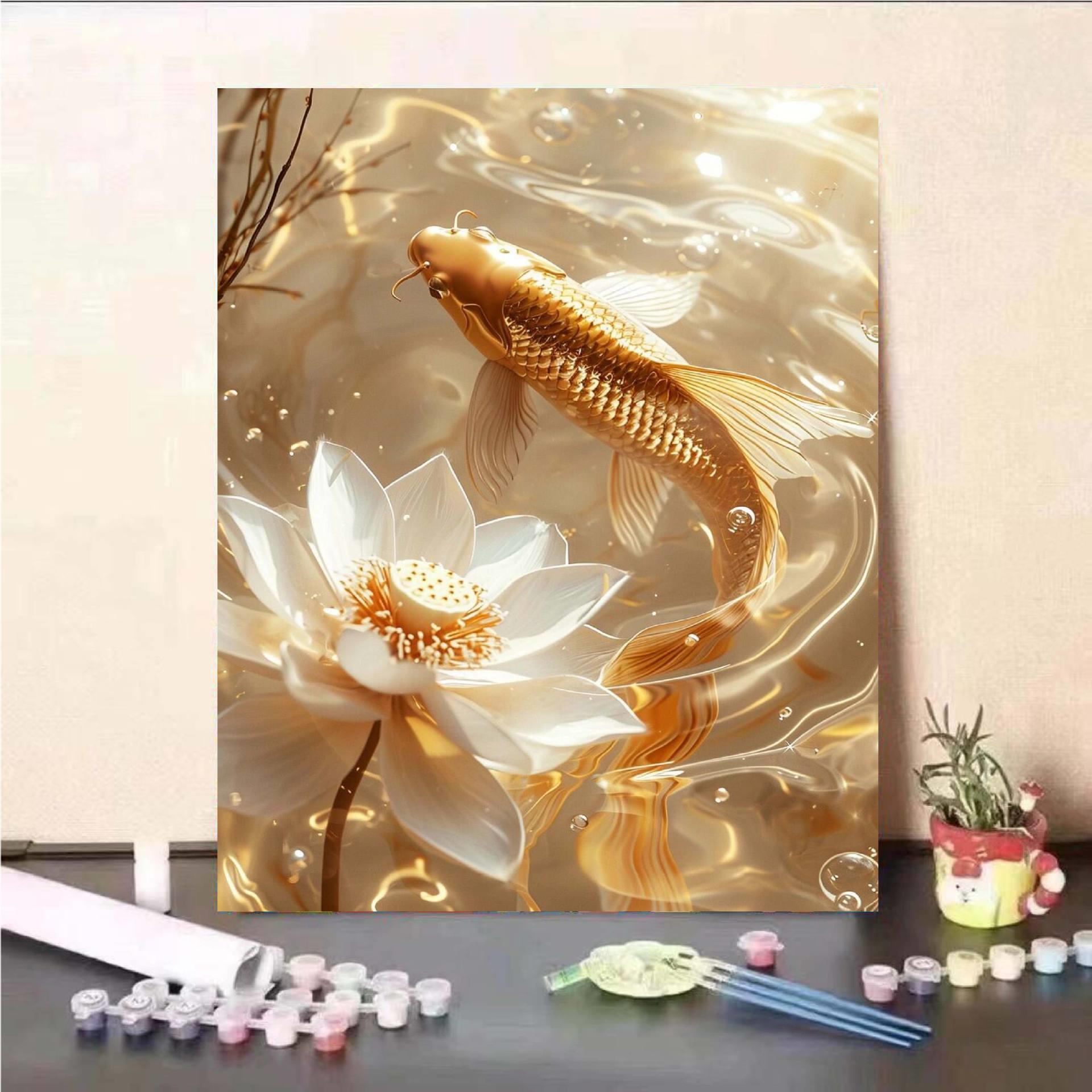 金鲤鱼寓意好 diy数字油画好寓意手绘填色挂画丙烯涂鸦装饰油彩画