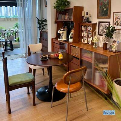 欧复古胡桃圆形古实木圆郁桌餐XMC66335桌北家用小户型金香咖啡阳