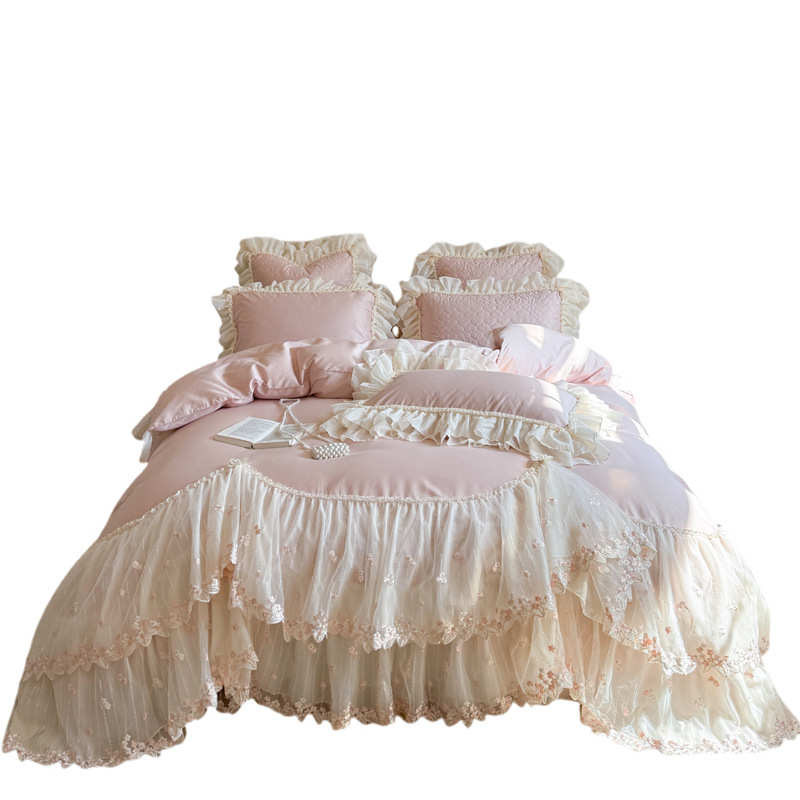 奢心四法式风韩花边盖件套轻粉色版四高档蕾丝件套公主少女床床单