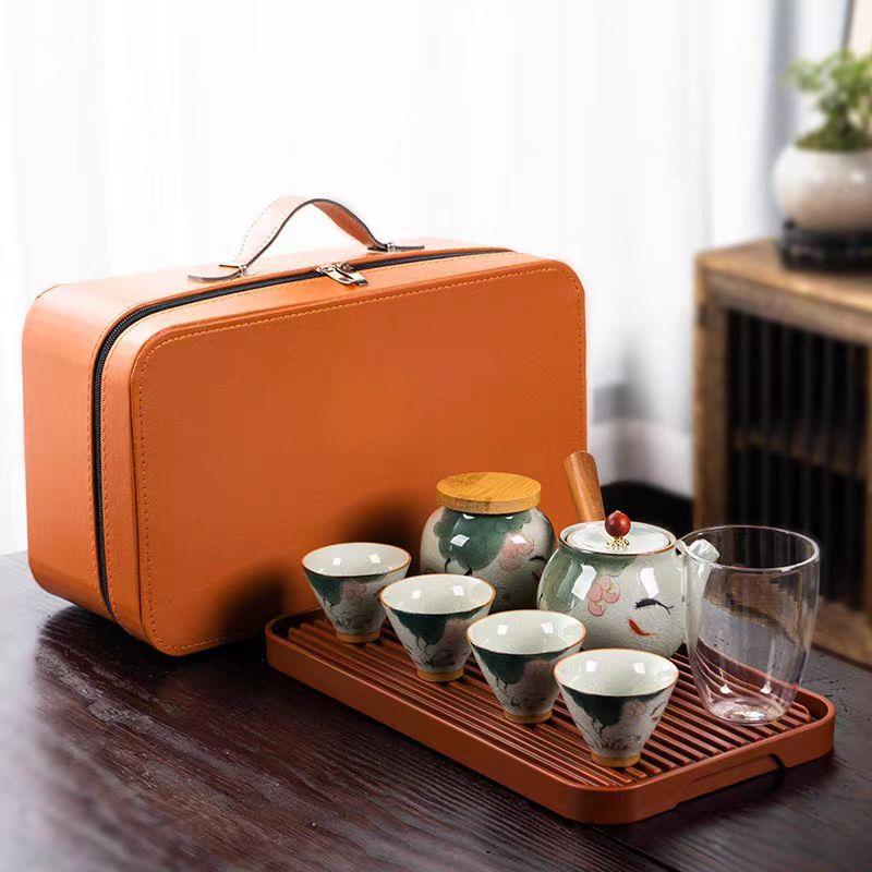 釉下彩手绘哥窑侧把壶开片釉茶盘茶杯家用户外旅行便携茶具套装