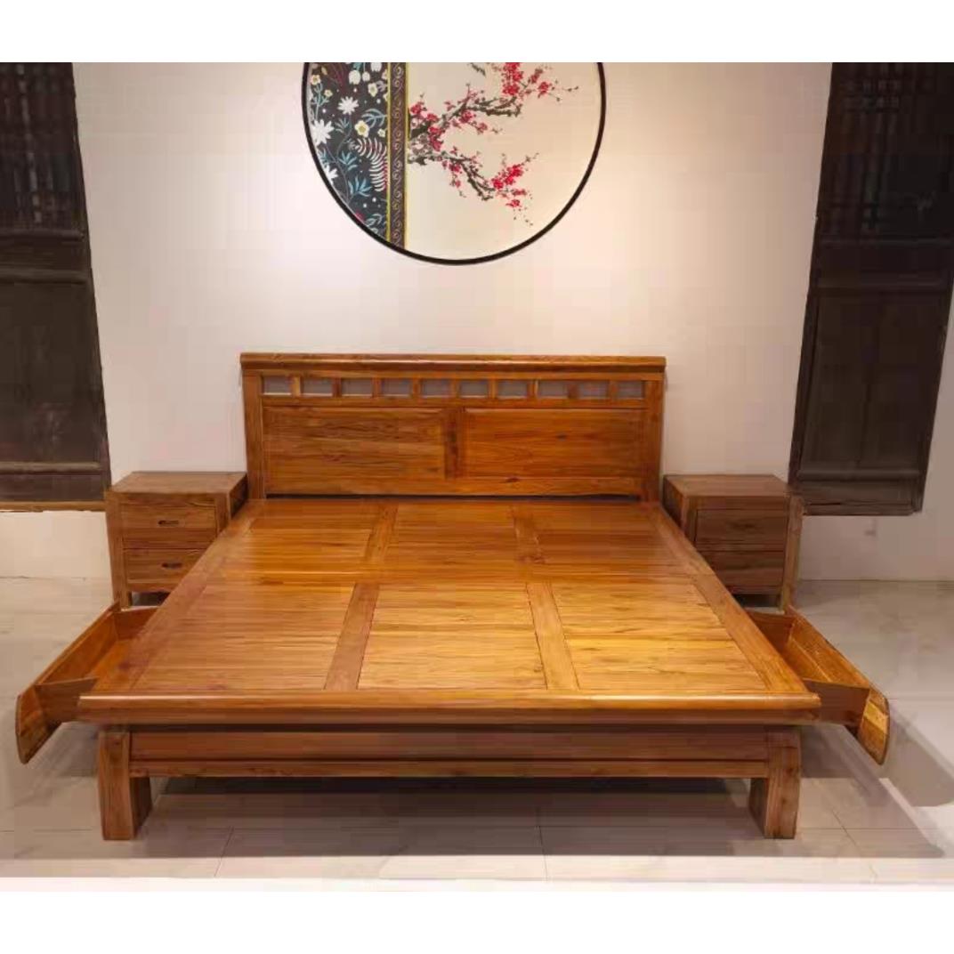 0J北床方老1800/200榆木实木床双人简约主卧大床经济组条合家具储
