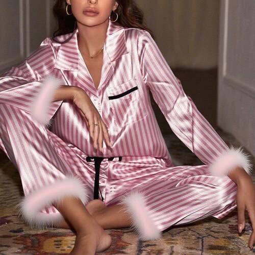Women's Striped Silk Satin Pajamas Loungewear Long 2pc Pjs