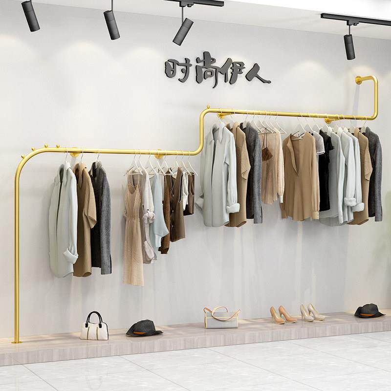服装店展示架上墙女装货架落地金色陈列墙上童装店挂衣架铁艺轻奢