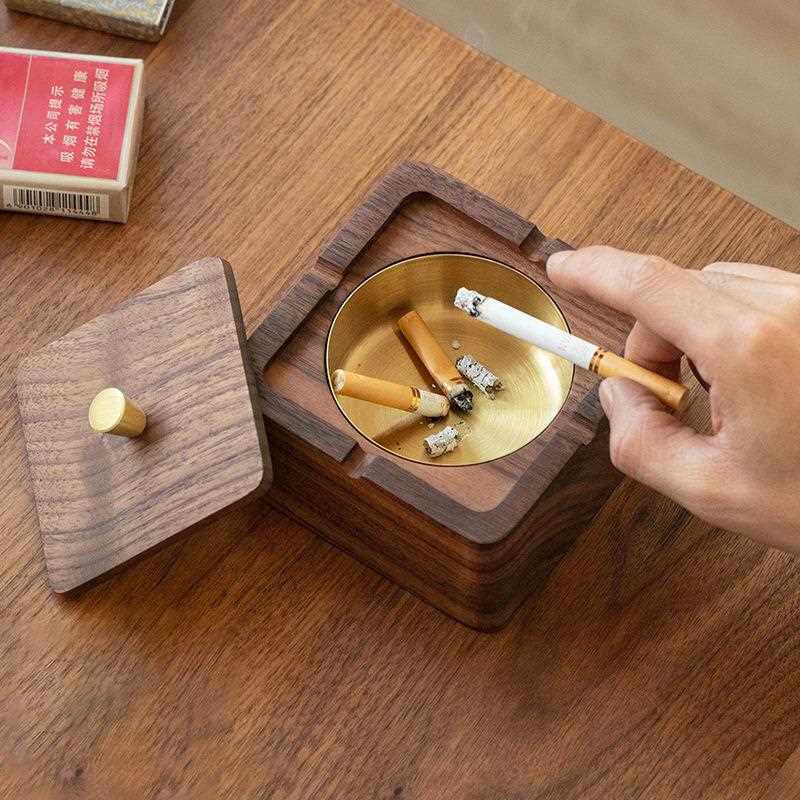 新家中式木制用24盖烟灰缸国潮便携带创摆件意木质实木烟缸
