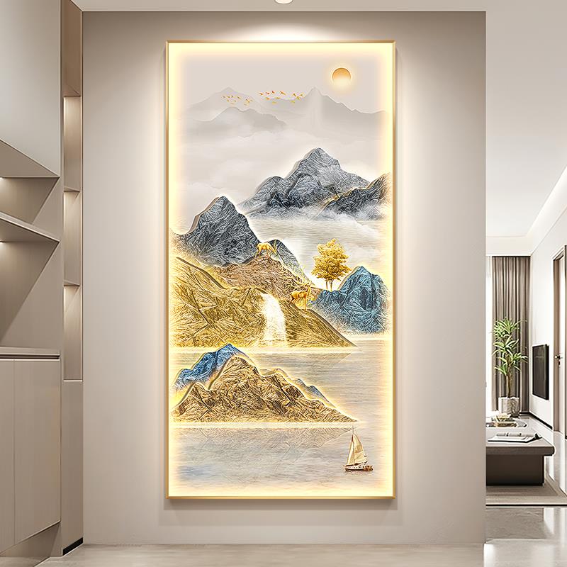 珐瑯彩山水玄关装饰画旭日东升入户门正对墙挂画走廊尽头带灯壁画
