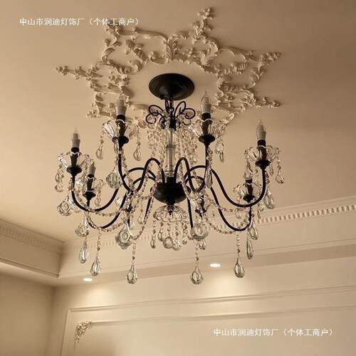 法式复古蜡烛吊灯小美式客厅灯餐厅卧室艺术田园风铁艺黑色水晶灯