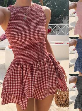 Plaid Sleeveless Bodycon Mini Dress With Belt, Sweet French