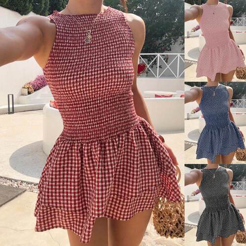 Plaid Sleeveless Elastic Shirred Dress Waist Cinching Cake