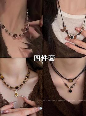 高端毛衣链设计感小众虎眼石项链女新款复古叠戴锁骨链秋冬小众中